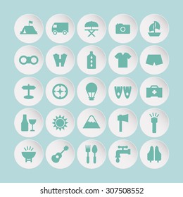 A set of vector icons for summer vacation, outdoor. tent, bus, umbrella, camera, boat, binocular, oil, cloth, , compass, balloon, fins, emergency, medicine, wine, sun, mountain, ax, light, life vest.
