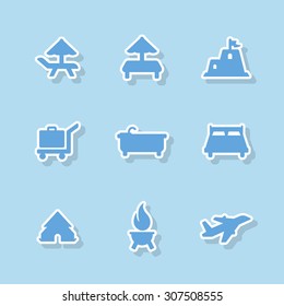 A set of vector icons for summer vacation, holiday, outdoor. tent, brazier, air plane, umbrella, sand castle, baggage, bath, bed.