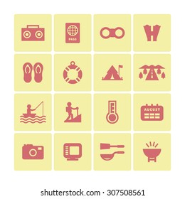 A set of vector icons for summer vacation, holiday, outdoor. tent, road, binocular, thermometer, calendar, audio, passport, utensil, sandal, tube, camera, monitor, fishing, climbing, brazier.