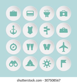 A set of vector icons for summer vacation, outdoor. bag, card, brazier, emergency, medicine, anchor, swimming wear, direction, sign, compass, fins, flippers, binocular, air plane, tent, rudder, flag.