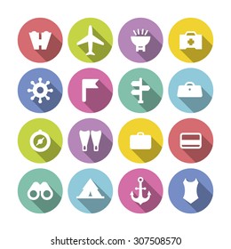 A set of vector icons for summer vacation, outdoor. bag, card, brazier, emergency, medicine, anchor, swimming wear, direction, sign, compass, fins, flippers, binocular, air plane, tent, rudder, flag.