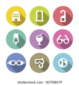 A set of vector icons for summer vacation, holiday, outdoor. scuba, diving, earth, goggles, door, hotel, cocktail, glasses, ice cream.