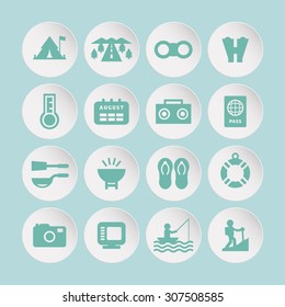 A set of vector icons for summer vacation, holiday, outdoor. tent, road, binocular, thermometer, calendar, audio, passport, utensil, sandal, tube, camera, monitor, fishing, climbing, brazier.