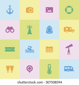 A set of vector icons for summer vacation, outdoor. swim, calendar, ticket, anchor, point, thermometer, swim fins, binocular, telescope, tube, camera, photo, camping car, lighthouse, bag, ambulance.