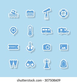 A set of vector icons for summer vacation, outdoor. swim, calendar, ticket, anchor, point, thermometer, swim fins, binocular, telescope, tube, camera, photo, camping car, lighthouse, bag, ambulance.