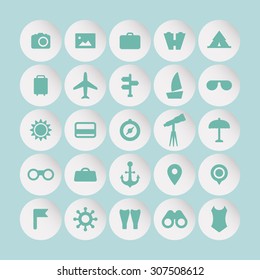 A set of vector icons for summer vacation, outdoor. camera, photo, bag, binocular, tent, air plane, direction, boat, glasses, sun, ticket, compass, telescope, umbrella, anchor, map, flag, fins.