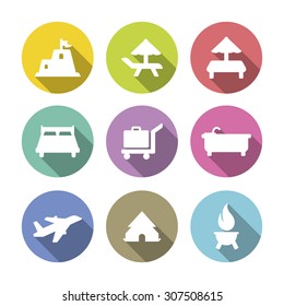 A set of vector icons for summer vacation, holiday, outdoor. tent, brazier, air plane, umbrella, sand castle, baggage, bath, bed.