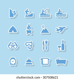 A set of vector icons for summer vacation, outdoor. knife, fork, fishing, sailing, bath, utensil, mountain, air plane, glasses, scuba, diving, climbing, alarm, bell, camping, tent, brazier, wine.
