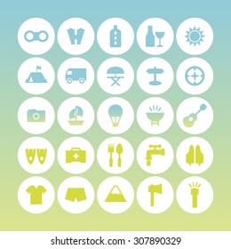 A set of vector icons for summer vacation, outdoor. tent, bus, umbrella, camera, boat, binocular, oil, cloth, , compass, balloon, fins, emergency, medicine, wine, sun, mountain, ax, light, life vest.