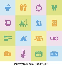 A set of vector icons for summer vacation, holiday, outdoor. tent, road, binocular, thermometer, calendar, audio, passport, utensil, sandal, tube, camera, monitor, fishing, climbing, brazier.