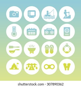 A set of vector icons for summer vacation, holiday, outdoor. tent, road, binocular, thermometer, calendar, audio, passport, utensil, sandal, tube, camera, monitor, fishing, climbing, brazier.