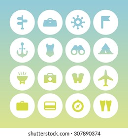A set of vector icons for summer vacation, outdoor. bag, card, brazier, emergency, medicine, anchor, swimming wear, direction, sign, compass, fins, flippers, binocular, air plane, tent, rudder, flag.