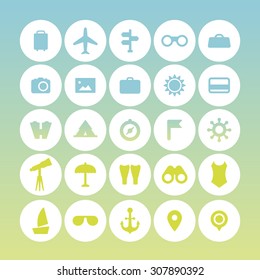 A set of vector icons for summer vacation, outdoor. swim, calendar, ticket, anchor, point, thermometer, swim fins, binocular, telescope, tube, camera, photo, camping car, lighthouse, bag.