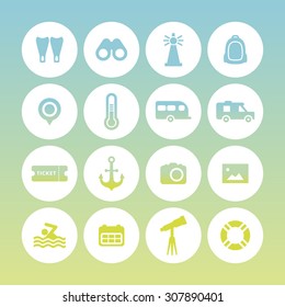A set of vector icons for summer vacation, outdoor. swim, calendar, ticket, anchor, point, thermometer, swim fins, binocular, telescope, tube, camera, photo, camping car, lighthouse, bag.