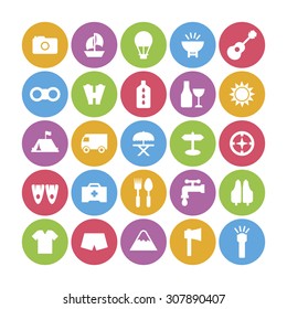 A set of vector icons for summer vacation, outdoor. tent, bus, umbrella, camera, boat, binocular, oil, cloth, , compass, balloon, fins, emergency, medicine, wine, sun, mountain, ax, light, life vest.