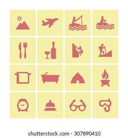 A set of vector icons for summer vacation, outdoor. knife, fork, fishing, sailing, bath, utensil, mountain, air plane, glasses, scuba, diving, climbing, alarm, bell, camping, tent, brazier, wine.