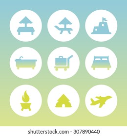 A set of vector icons for summer vacation, holiday, outdoor. tent, brazier, air plane, umbrella, sand castle, baggage, bath, bed.