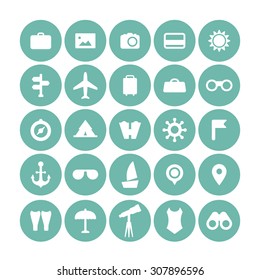 A set of vector icons for summer vacation, outdoor. swim, calendar, ticket, anchor, point, thermometer, swim fins, binocular, telescope, tube, camera, photo, camping car, lighthouse, bag, ambulance.