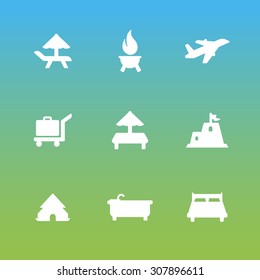 A set of vector icons for summer vacation, holiday, outdoor. tent, brazier, air plane, umbrella, sand castle, baggage, bath, bed.