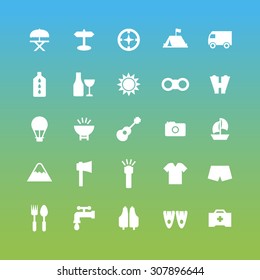 A set of vector icons for summer vacation, outdoor. tent, bus, umbrella, camera, boat, binocular, oil, cloth, , compass, balloon, fins, emergency, medicine, wine, sun, mountain, ax, light, life vest.
