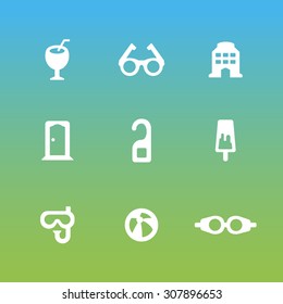 A set of vector icons for summer vacation, holiday, outdoor. scuba, diving, earth, goggles, door, hotel, cocktail, glasses, ice cream.