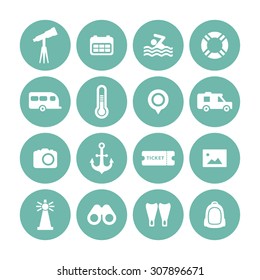 A set of vector icons for summer vacation, outdoor. swim, calendar, ticket, anchor, point, thermometer, swim fins, binocular, telescope, tube, camera, photo, camping car, lighthouse, bag, ambulance.