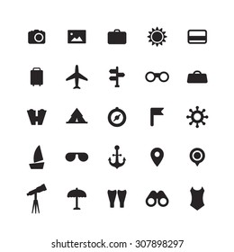 A set of vector icons for summer vacation, outdoor. swim, calendar, ticket, anchor, point, thermometer, swim fins, binocular, telescope, tube, camera, photo, camping car, lighthouse, bag, ambulance.