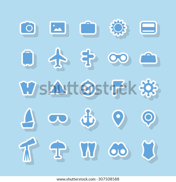 A set of vector icons for summer vacation,\
outdoor. swim, calendar, ticket, anchor, point, thermometer, swim\
fins, binocular, telescope, tube, camera, photo, camping car,\
lighthouse, bag, ambulance.