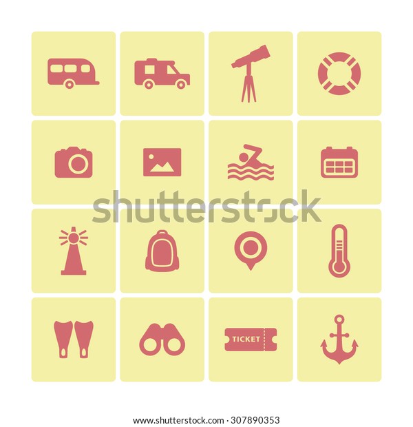 A set of vector icons for summer vacation,\
outdoor. swim, calendar, ticket, anchor, point, thermometer, swim\
fins, binocular, telescope, tube, camera, photo, camping car,\
lighthouse, bag, ambulance.