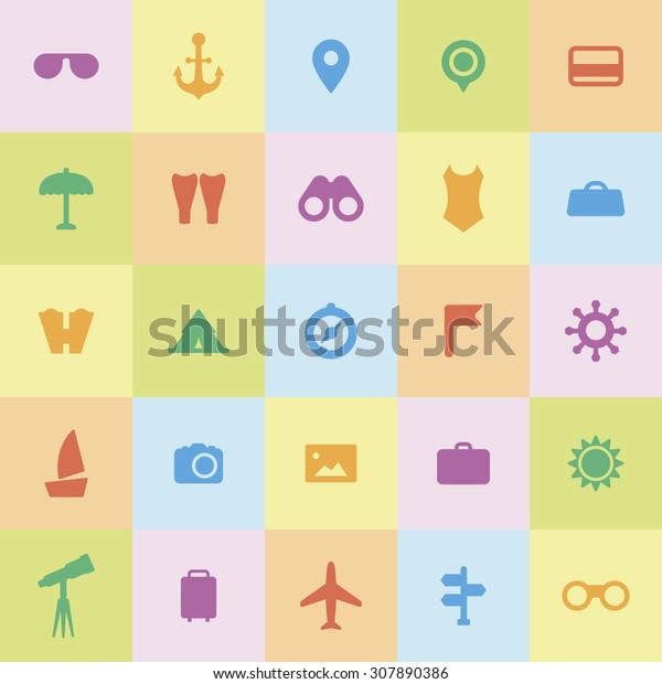 A set of vector icons for summer vacation, outdoor.\
swim, calendar, ticket, anchor, point, thermometer, swim fins,\
binocular, telescope, tube, camera, photo, camping car, lighthouse,\
bag.
