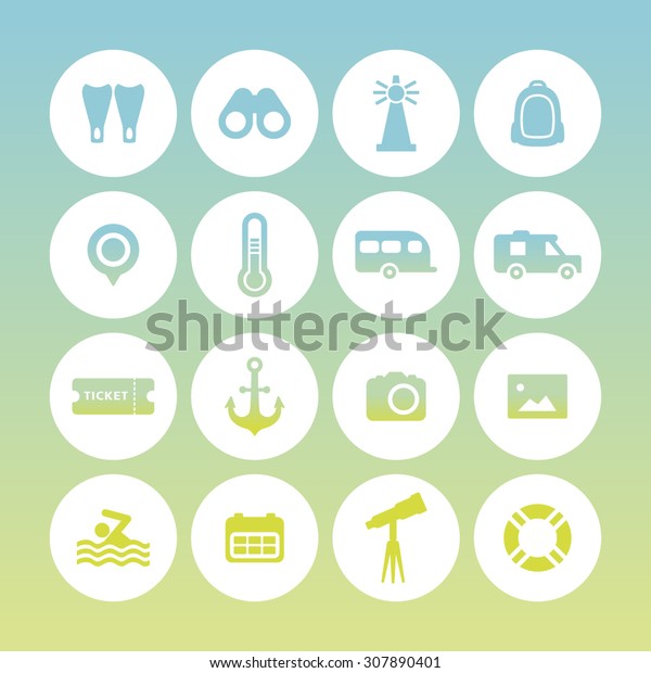 A set of vector icons for summer vacation, outdoor.
swim, calendar, ticket, anchor, point, thermometer, swim fins,
binocular, telescope, tube, camera, photo, camping car, lighthouse,
bag.