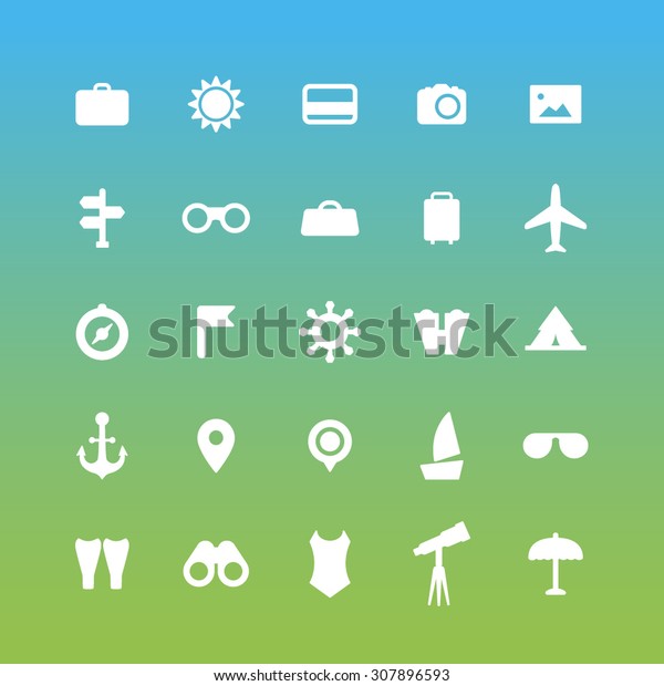 A set of vector icons for summer vacation,\
outdoor. swim, calendar, ticket, anchor, point, thermometer, swim\
fins, binocular, telescope, tube, camera, photo, camping car, bag,\
ambulance.
