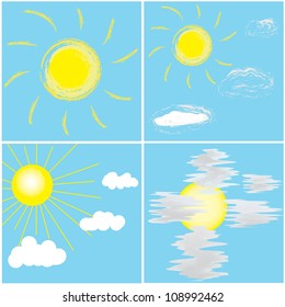 Set vector icons with sun and clouds on blue sky