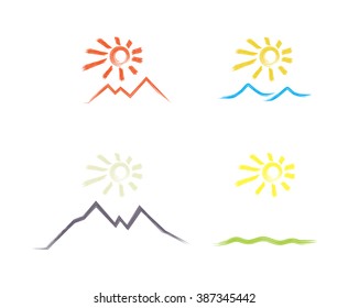 set of vector icons of the sun over the desert, the sea, meadows, mountains, painted with a brush
