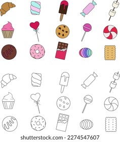 Set of vector icons with sweets.  There are 15 lines and 15 colored icons in this set.  Sweets, desserts, ice cream, lolipop, cookies.