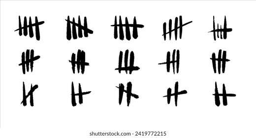 Conjunto de iconos vectoriales. Marcas de la manifestación en la pared. Ataques con barra gruesa negra aislados sobre fondo blanco