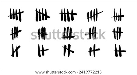 Set of vector icons. Tally marks on wall. Black grunge slash strokes isolated on white backdrop