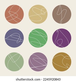 Conjunto de iconos vectoriales con líneas enredadas para las portadas de los medios sociales. Plantillas de elementos Pastel, calambres, rizos, formas orgánicas.