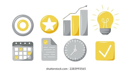 Set of vector icons task planning, productivity, goal setting, project completion