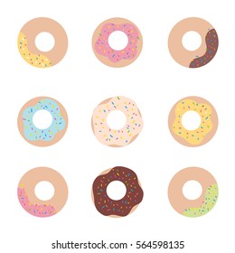 Set of vector icons. tasty chocolate glazed multicolored donuts in pastel colors illustration