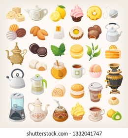 Set of vector icons. Tea cups, kettles and desserts. Tea additives and foods.