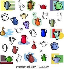 A set of vector icons of teapots, kettles and jugs in color, and black and white renderings.