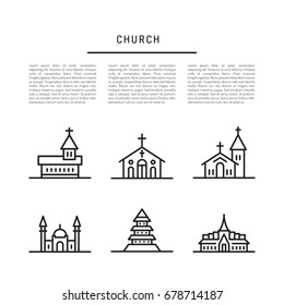 Set of vector icons of temples and churches of the major religions, solated on white background. Banner with place for text