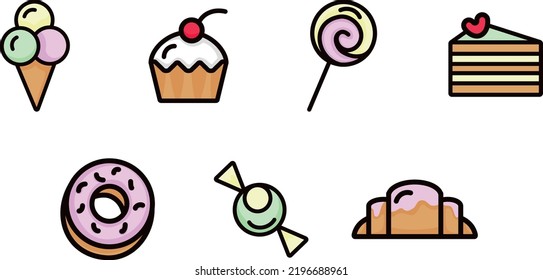 A set of vector icons that includes such sweets as ice cream, donut, cupcake, etc