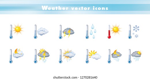 Set vector icons with thermometer and weather forecast. 3d illustration. Symbols and signs meteorology - climate - temperature