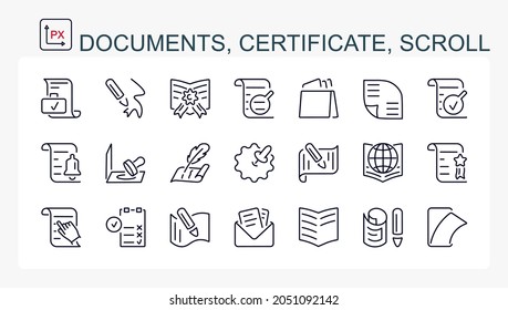 A set of vector icons from a thin line. Documents, certificate, scrolls.