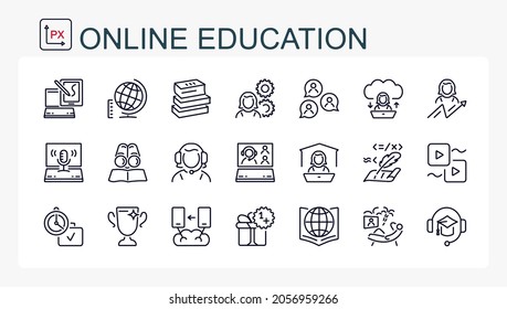 Un conjunto de iconos vectoriales de una delgada línea de aprendizaje en línea, educación en línea.