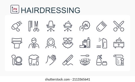 A set of vector icons from a thin line. Hairdressing services. Beauty salon. Editable, isolated on a transparent background.