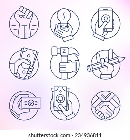 Set of vector icons, thin line, round, business and finance, gestures, hands.