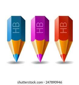 Set of vector icons of three colors of pencils with shadow in a realistic style